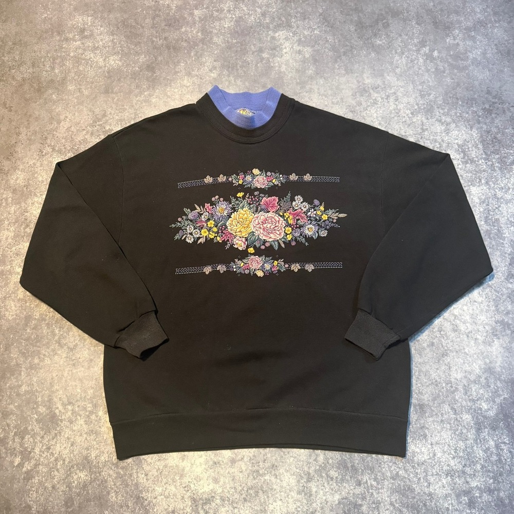 Vintage Day Breeze Floral Grandma Sweatshirt Black Double Collar Large‎ 90s USA